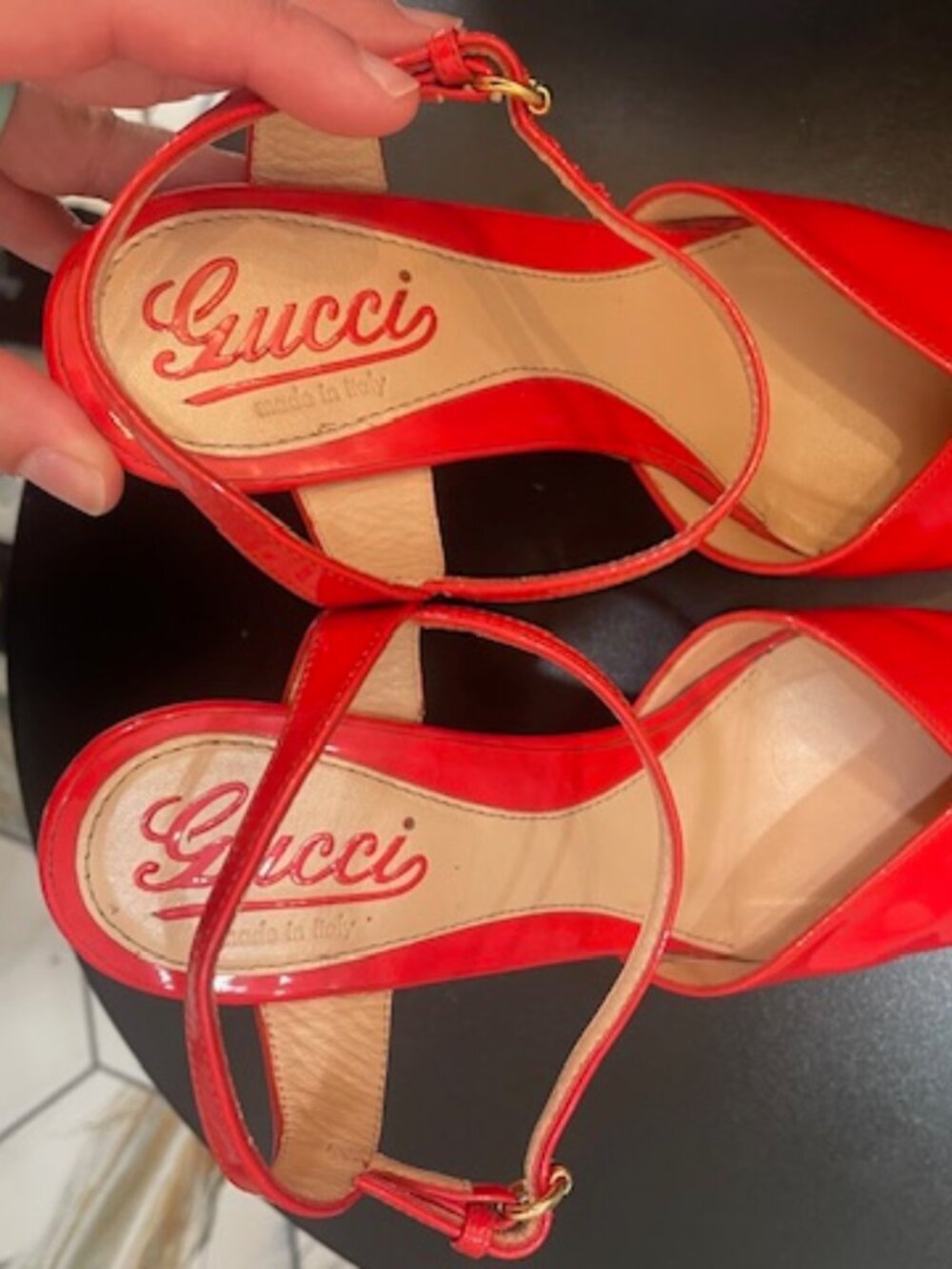 TITLE: Gucci Red/Orange Patent Platform Heels EU 36 Y2K Wooden Heel Pumps - Picture 5 of 14
